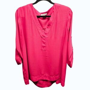 Chaus New York Rose Red V-Neck Blouse Roll-Tab Sleeves Pretty & Flowy Size XL